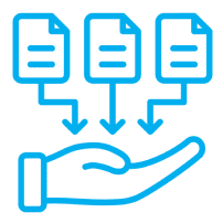 Hand receiving documents with downward arrows.