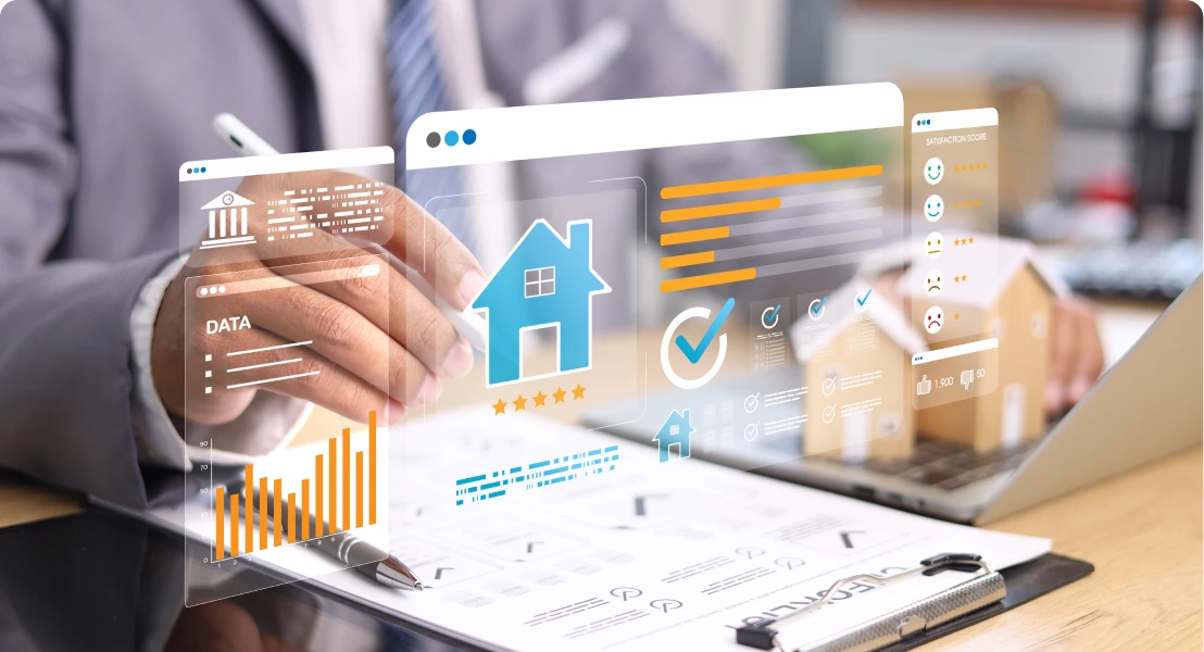Businessman analyzing real estate data on laptop.