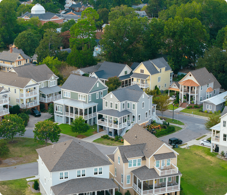 Aerial view of suburban neighborhood houses.