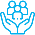 Hands holding three people icons, blue outline.
